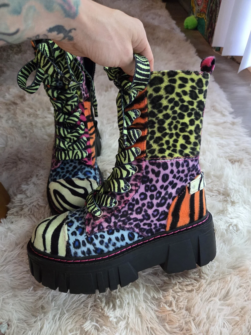 Dollz Kill Bold Multicolor Animal Print Combat Boots - Women